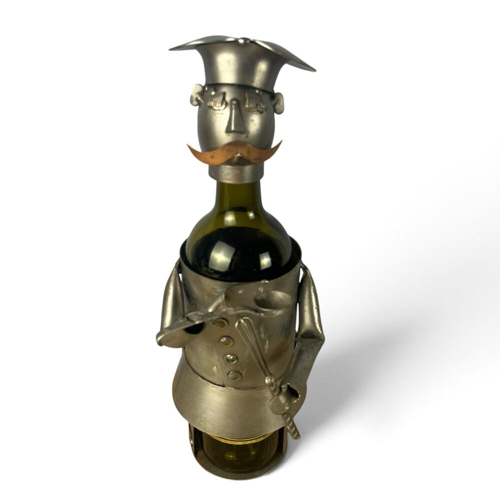 Vtg Metal Chef Cook Wine Bottle Holder Industrial Whimsical Kitchen Bar Decor